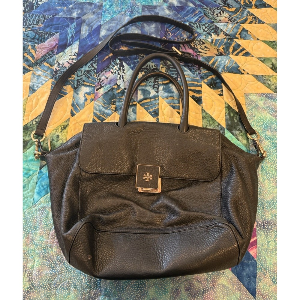 Tory Burch Leather Top Handle Purse Hobo Crossbody Strap Bag Black Gold Logo